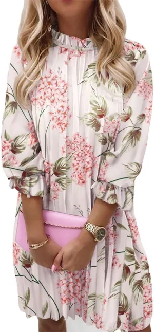 Women's Casual Butterfly Floral 3/4 Sleeve Pleated Ruffle Dress Loose Swing Boho Mini Sundress