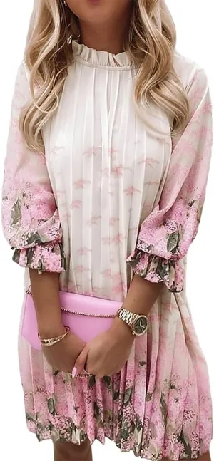 Women's Casual Butterfly Floral 3/4 Sleeve Pleated Ruffle Dress Loose Swing Boho Mini Sundress