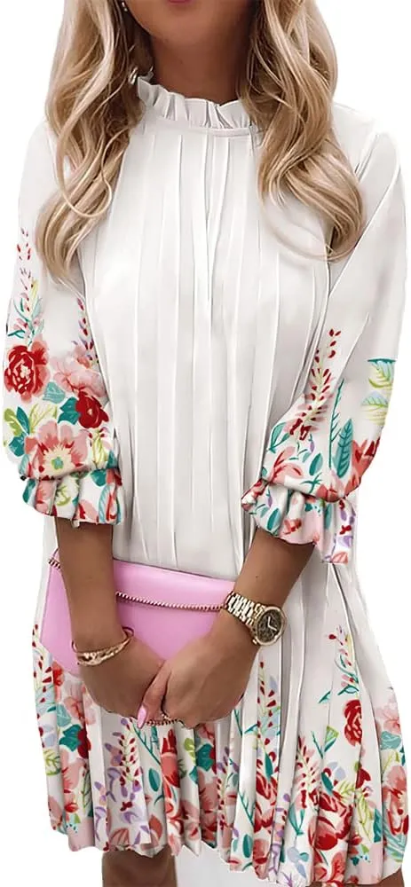 Women's Casual Butterfly Floral 3/4 Sleeve Pleated Ruffle Dress Loose Swing Boho Mini Sundress