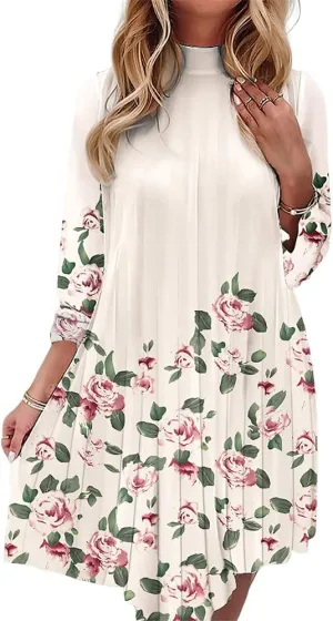 Women's Casual Butterfly Floral 3/4 Sleeve Pleated Ruffle Dress Loose Swing Boho Mini Sundress