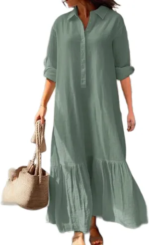 Women's Casual Button Down Cotton Linen Maxi Dress Long Sleeve Casual Lapel Flowy Dresses Loose Beach Vacation Dress