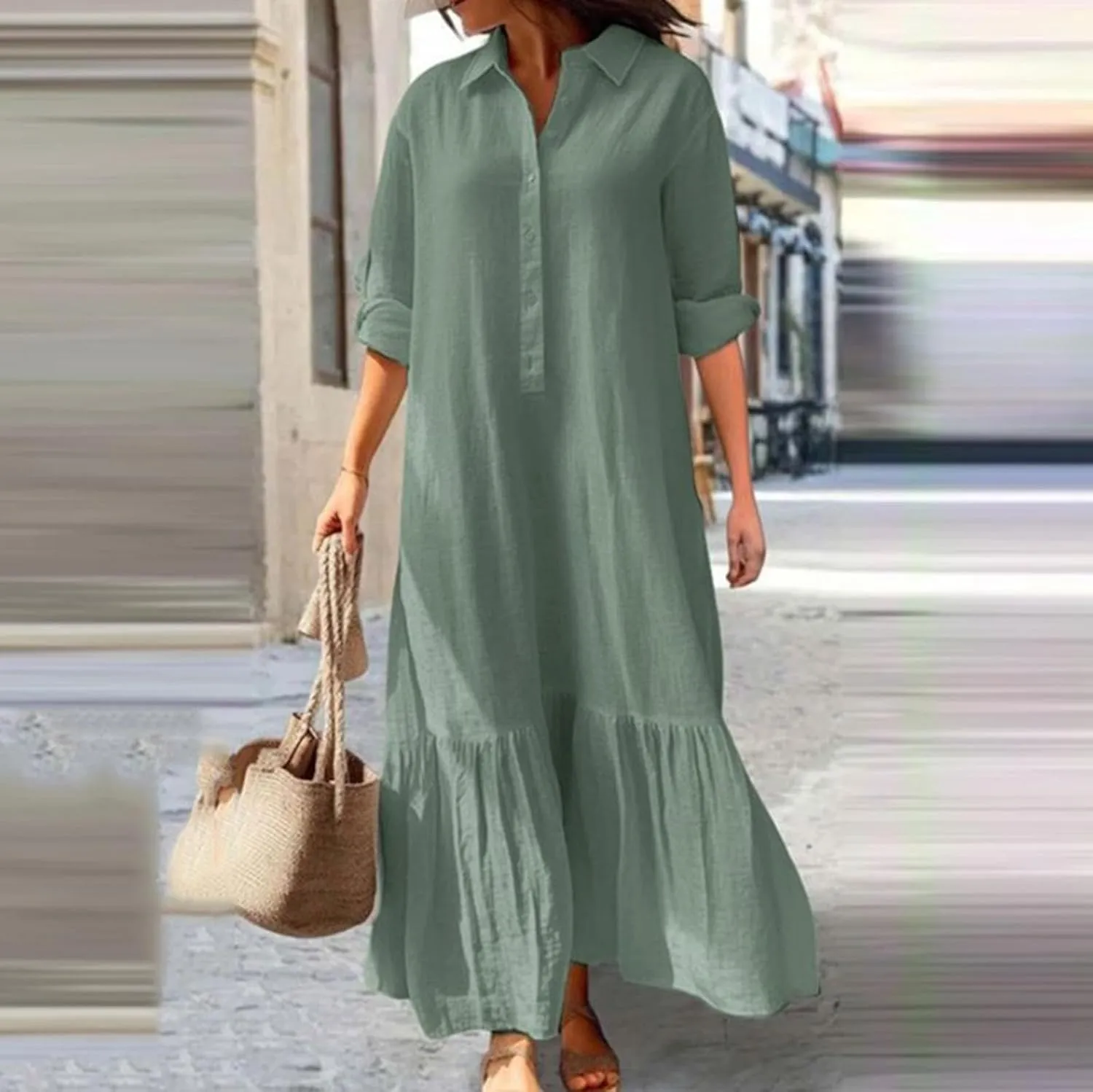 Women's Casual Button Down Cotton Linen Maxi Dress Long Sleeve Casual Lapel Flowy Dresses Loose Beach Vacation Dress