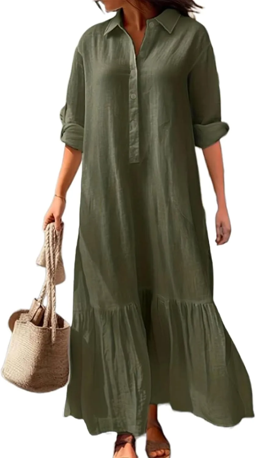 Women's Casual Button Down Cotton Linen Maxi Dress Long Sleeve Casual Lapel Flowy Dresses Loose Beach Vacation Dress