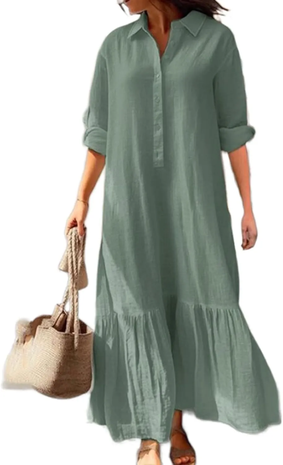 Women's Casual Button Down Cotton Linen Maxi Dress Long Sleeve Casual Lapel Flowy Dresses Loose Beach Vacation Dress