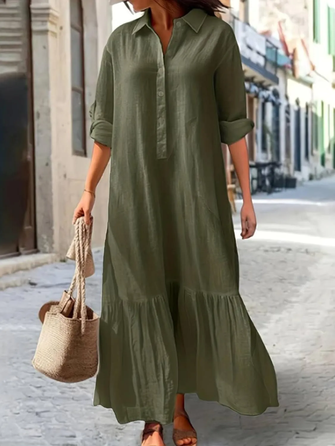 Women's Casual Button Down Cotton Linen Maxi Dress Long Sleeve Casual Lapel Flowy Dresses Loose Beach Vacation Dress