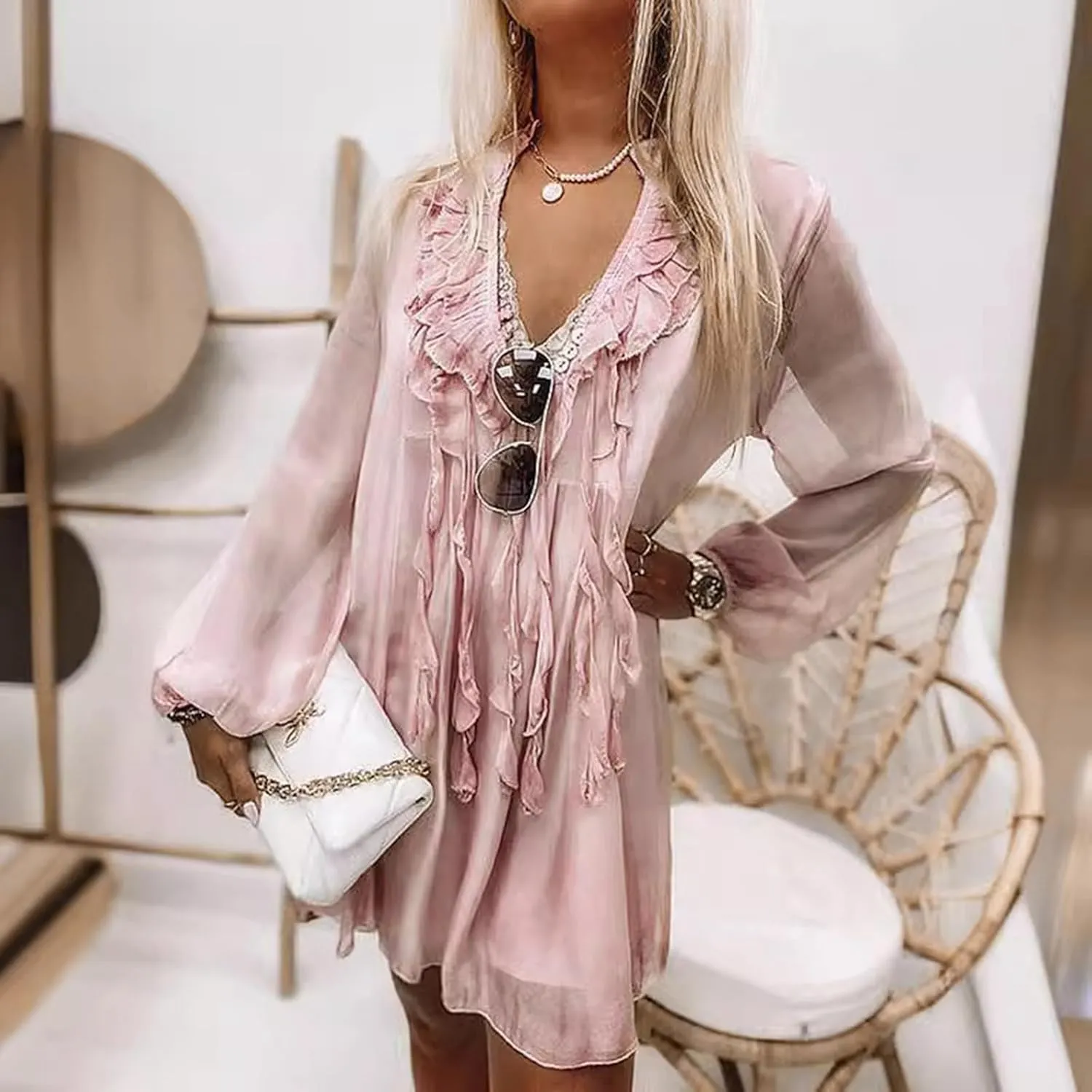 Women's Casual Dresses 2025 Summer Ruffle Short Sleeve Sundress V Neck Tunic Casual Loose Flowy Swing Shift Mini Dress