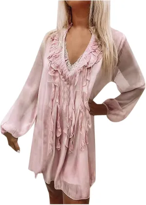 Women's Casual Dresses 2025 Summer Ruffle Short Sleeve Sundress V Neck Tunic Casual Loose Flowy Swing Shift Mini Dress