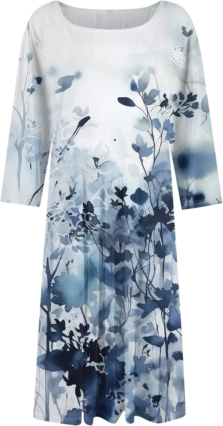 Women's Casual Dresses Summer Casual Loose Trendy 3/4 Sleeve Floral Stripe Printed Boho Dress Plus Size, S-3XL