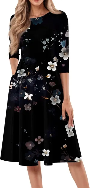 Women's Casual Dresses Summer Casual Loose Trendy 3/4 Sleeve Floral Stripe Printed Boho Dress Plus Size, S-3XL