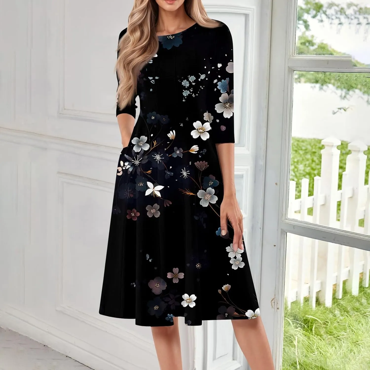 Women's Casual Dresses Summer Casual Loose Trendy 3/4 Sleeve Floral Stripe Printed Boho Dress Plus Size, S-3XL