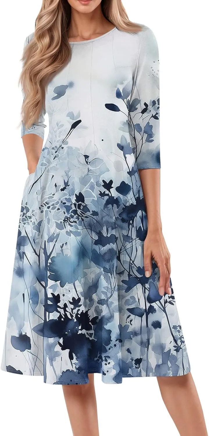 Women's Casual Dresses Summer Casual Loose Trendy 3/4 Sleeve Floral Stripe Printed Boho Dress Plus Size, S-3XL