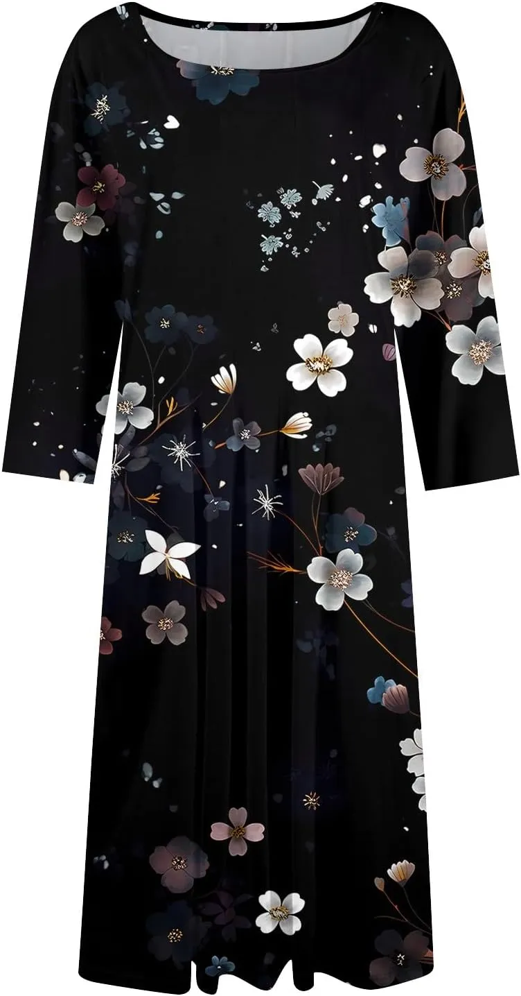 Women's Casual Dresses Summer Casual Loose Trendy 3/4 Sleeve Floral Stripe Printed Boho Dress Plus Size, S-3XL