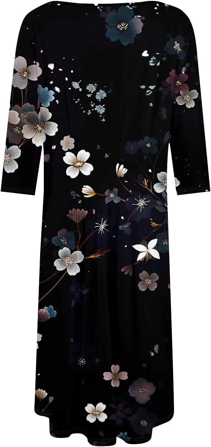 Women's Casual Dresses Summer Casual Loose Trendy 3/4 Sleeve Floral Stripe Printed Boho Dress Plus Size, S-3XL