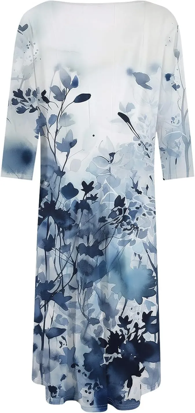 Women's Casual Dresses Summer Casual Loose Trendy 3/4 Sleeve Floral Stripe Printed Boho Dress Plus Size, S-3XL