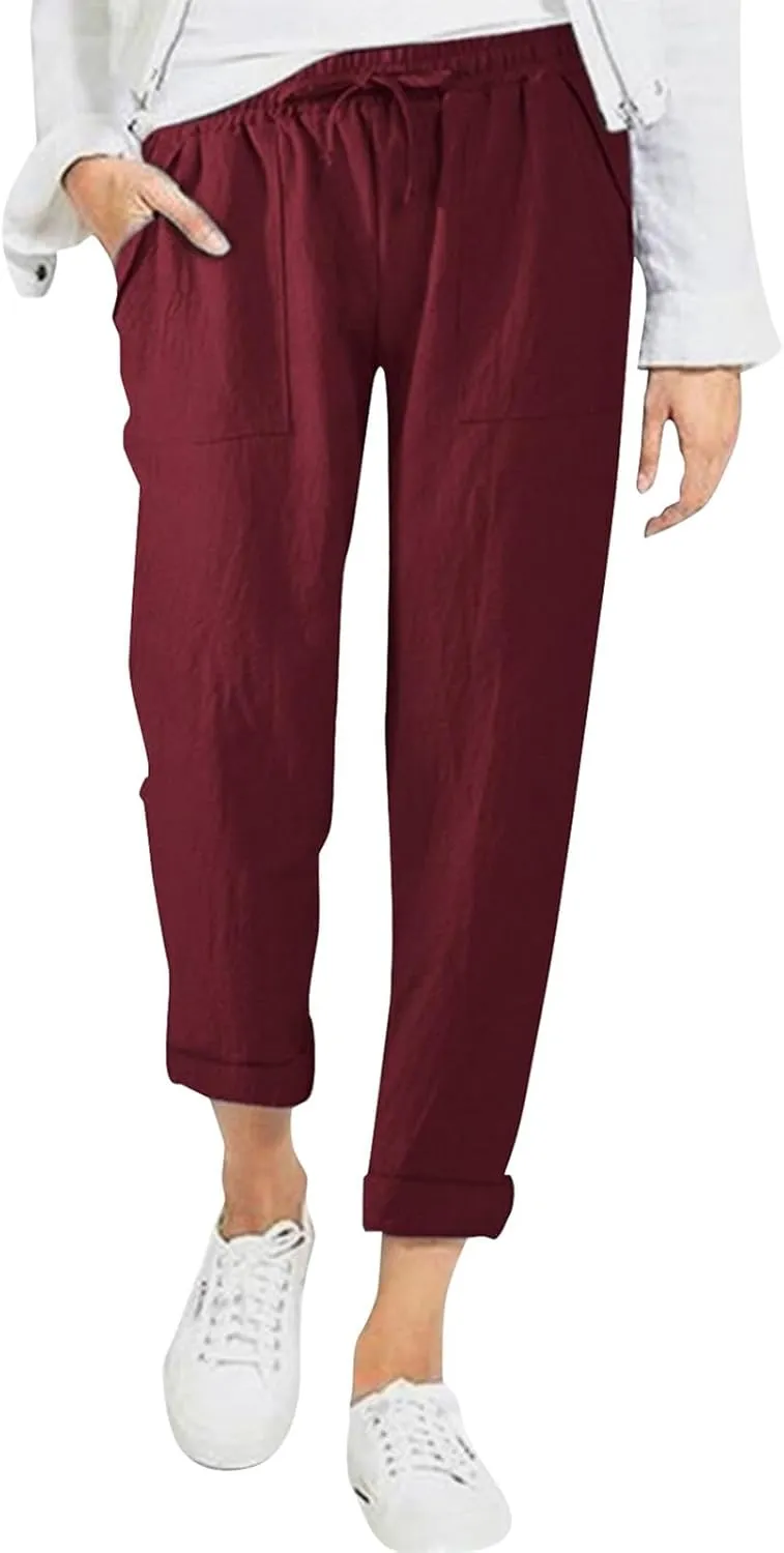 Womens Casual Lightweight Drawstring Elastic Waist Pants with Pockets Tie Dye Slacks Cropped Trouser Beach Clothes