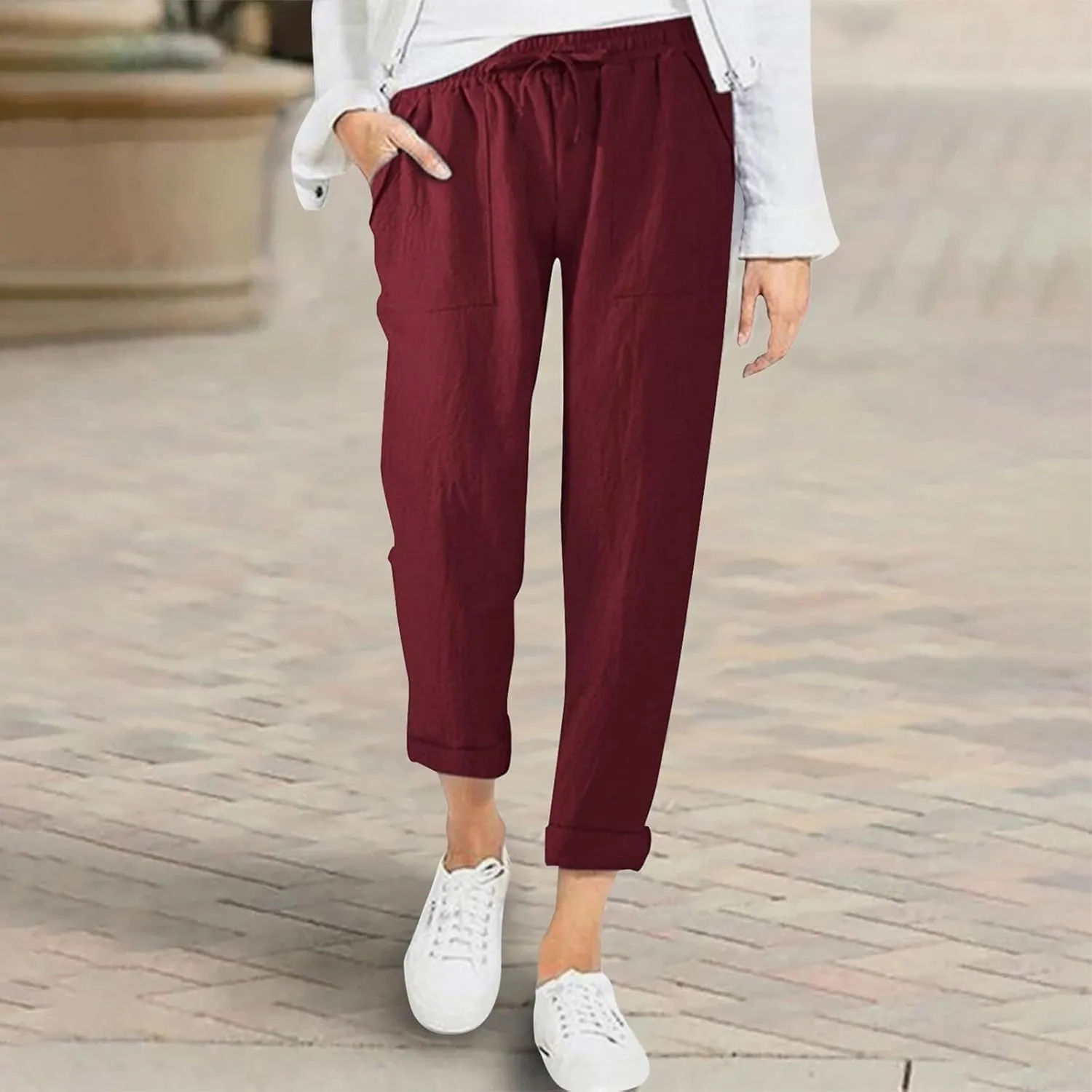 Womens Casual Lightweight Drawstring Elastic Waist Pants with Pockets Tie Dye Slacks Cropped Trouser Beach Clothes