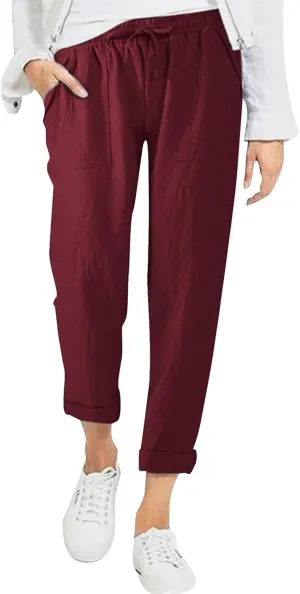 Womens Casual Lightweight Drawstring Elastic Waist Pants with Pockets Tie Dye Slacks Cropped Trouser Beach Clothes