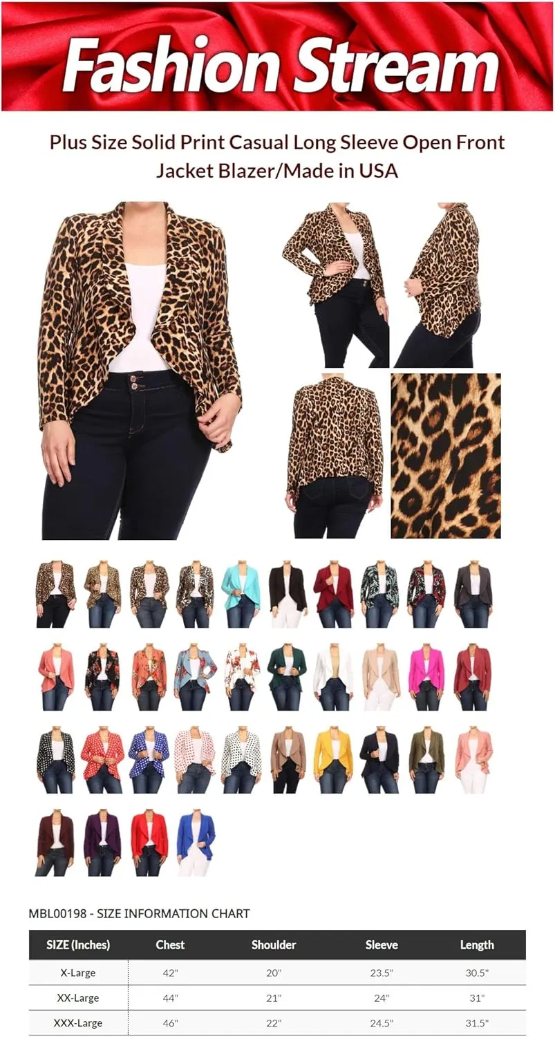 Women's Casual Plus Size Blazer Long Sleeve Open Front Solid and Print