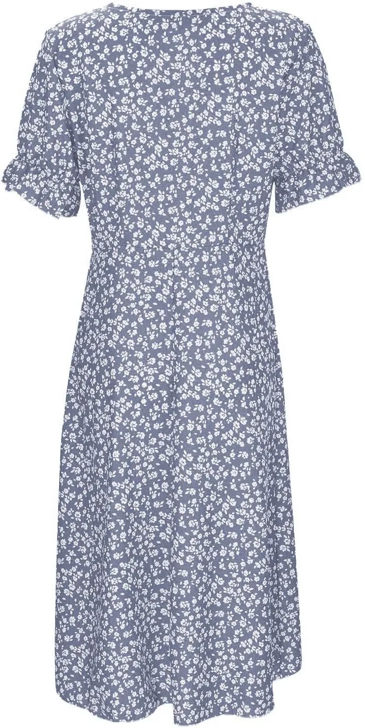 Women's Casual Print Midi Dress with Puffed Sleeves Hem V Neck Dresses for Women Work Fit Soft Elegant Casual Fall