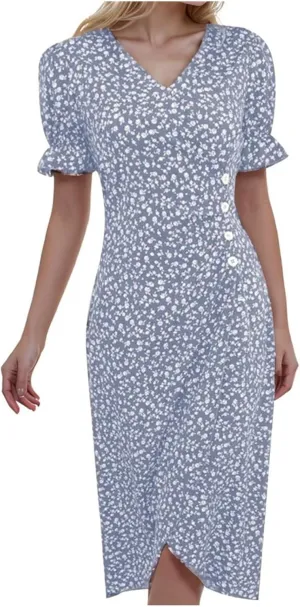 Women's Casual Print Midi Dress with Puffed Sleeves Hem V Neck Dresses for Women Work Fit Soft Elegant Casual Fall