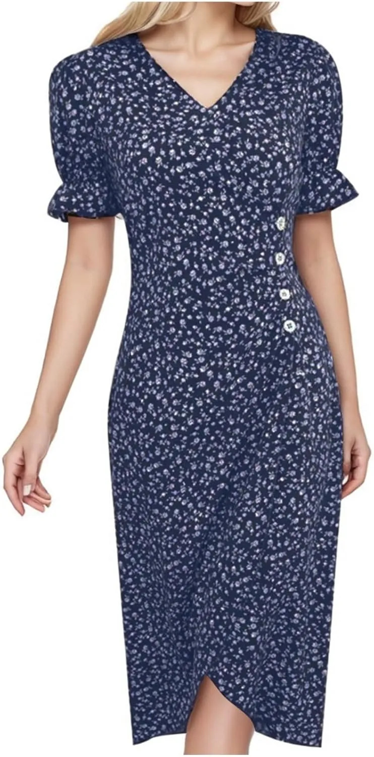Women's Casual Print Midi Dress with Puffed Sleeves Hem V Neck Dresses for Women Work Fit Soft Elegant Casual Fall
