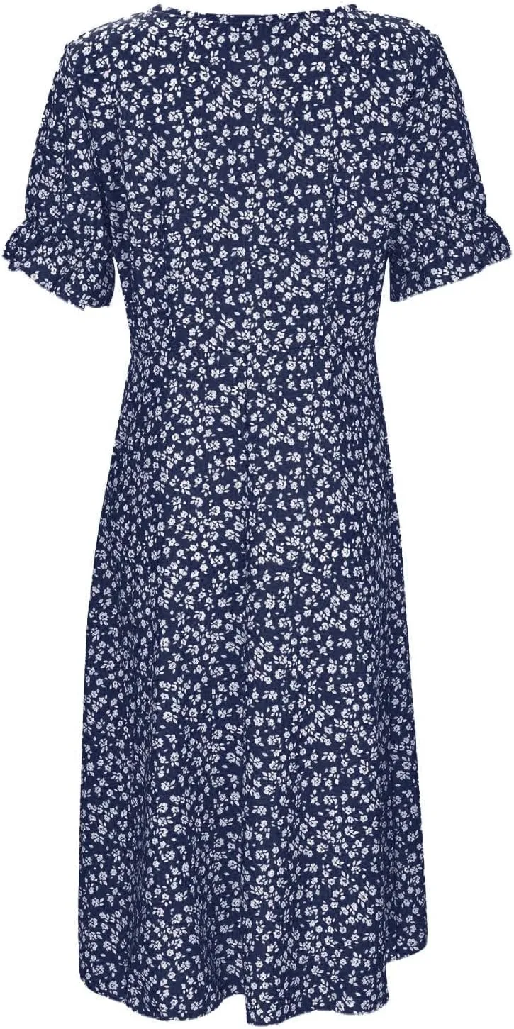 Women's Casual Print Midi Dress with Puffed Sleeves Hem V Neck Dresses for Women Work Fit Soft Elegant Casual Fall