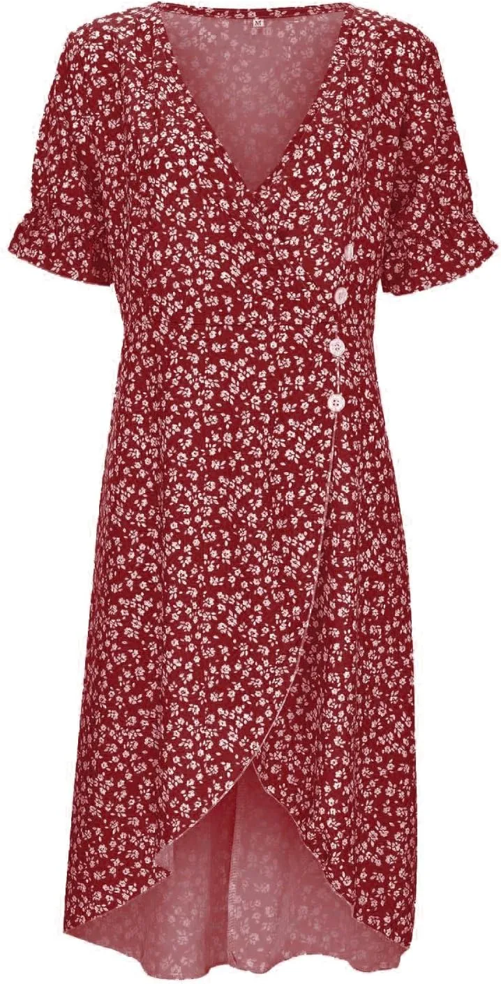 Women's Casual Print Midi Dress with Puffed Sleeves Hem V Neck Dresses for Women Work Fit Soft Elegant Casual Fall
