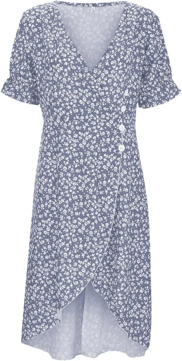 Women's Casual Print Midi Dress with Puffed Sleeves Hem V Neck Dresses for Women Work Fit Soft Elegant Casual Fall