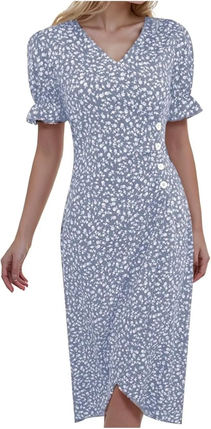 Women's Casual Print Midi Dress with Puffed Sleeves Hem V Neck Dresses for Women Work Fit Soft Elegant Casual Fall