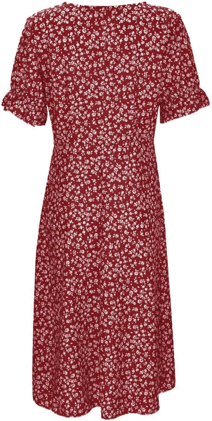 Women's Casual Print Midi Dress with Puffed Sleeves Hem V Neck Dresses for Women Work Fit Soft Elegant Casual Fall