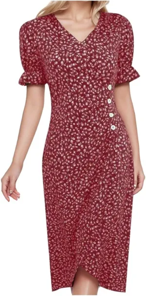 Women's Casual Print Midi Dress with Puffed Sleeves Hem V Neck Dresses for Women Work Fit Soft Elegant Casual Fall