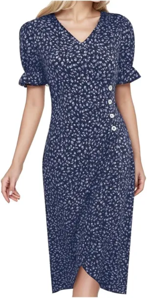 Women's Casual Print Midi Dress with Puffed Sleeves Hem V Neck Dresses for Women Work Fit Soft Elegant Casual Fall