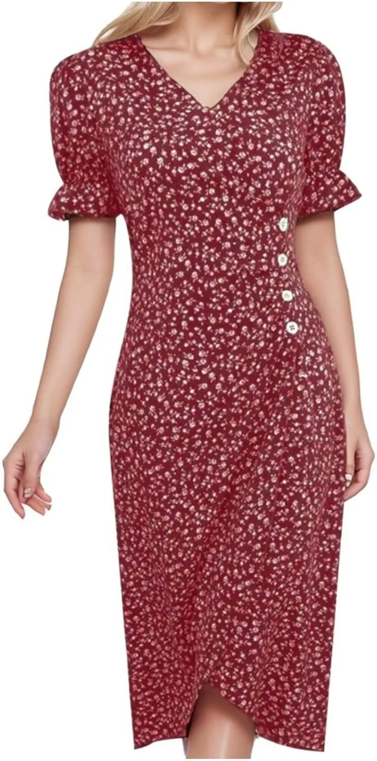 Women's Casual Print Midi Dress with Puffed Sleeves Hem V Neck Dresses for Women Work Fit Soft Elegant Casual Fall