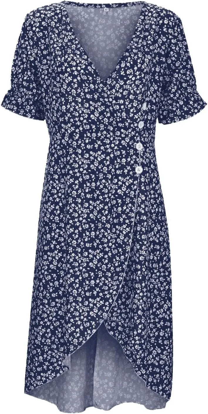 Women's Casual Print Midi Dress with Puffed Sleeves Hem V Neck Dresses for Women Work Fit Soft Elegant Casual Fall