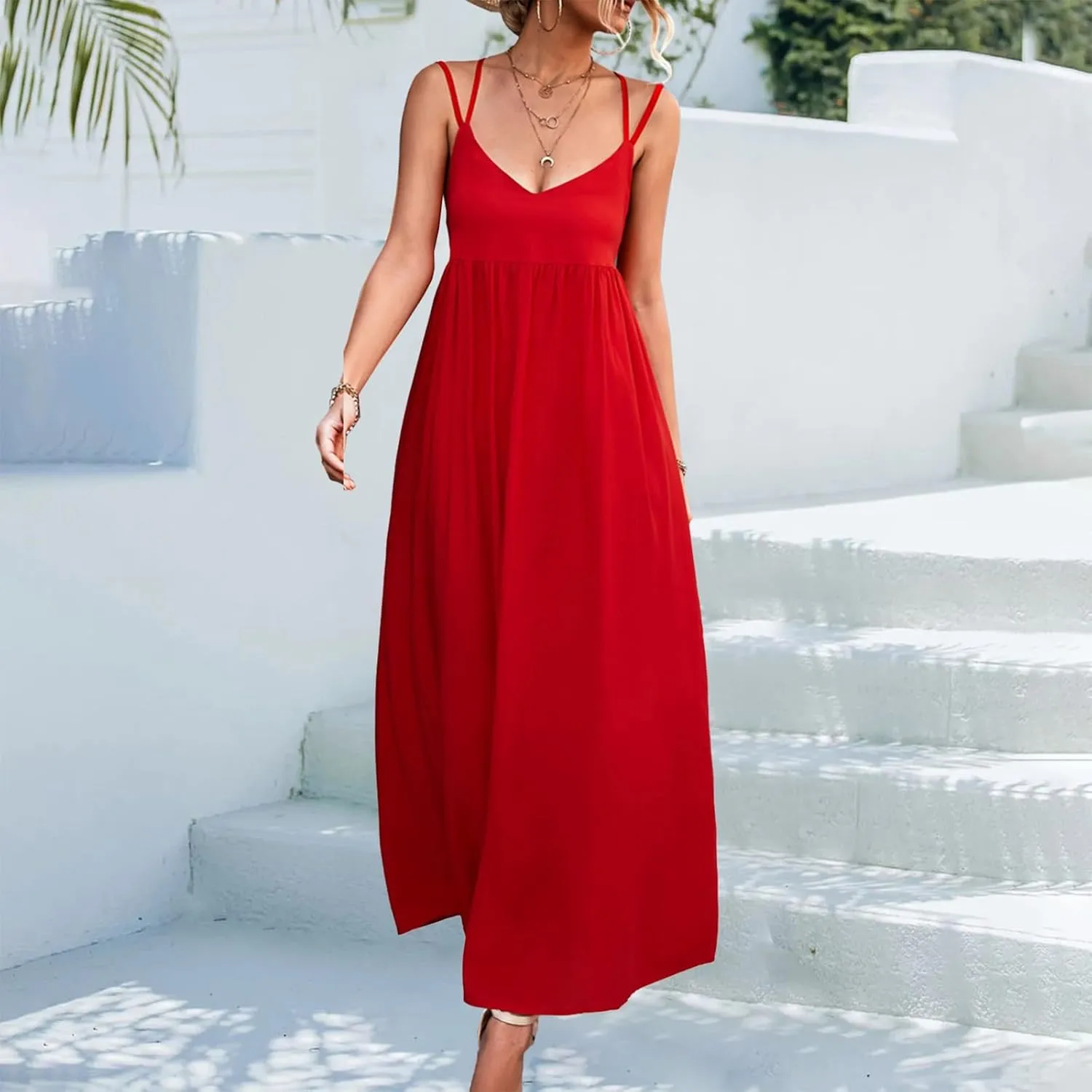 Women's Casual Sexy Solid Color Slim Tie Front Smocked Dresses with Belt Casual Boho Spaghetti Strap Beach Sundress