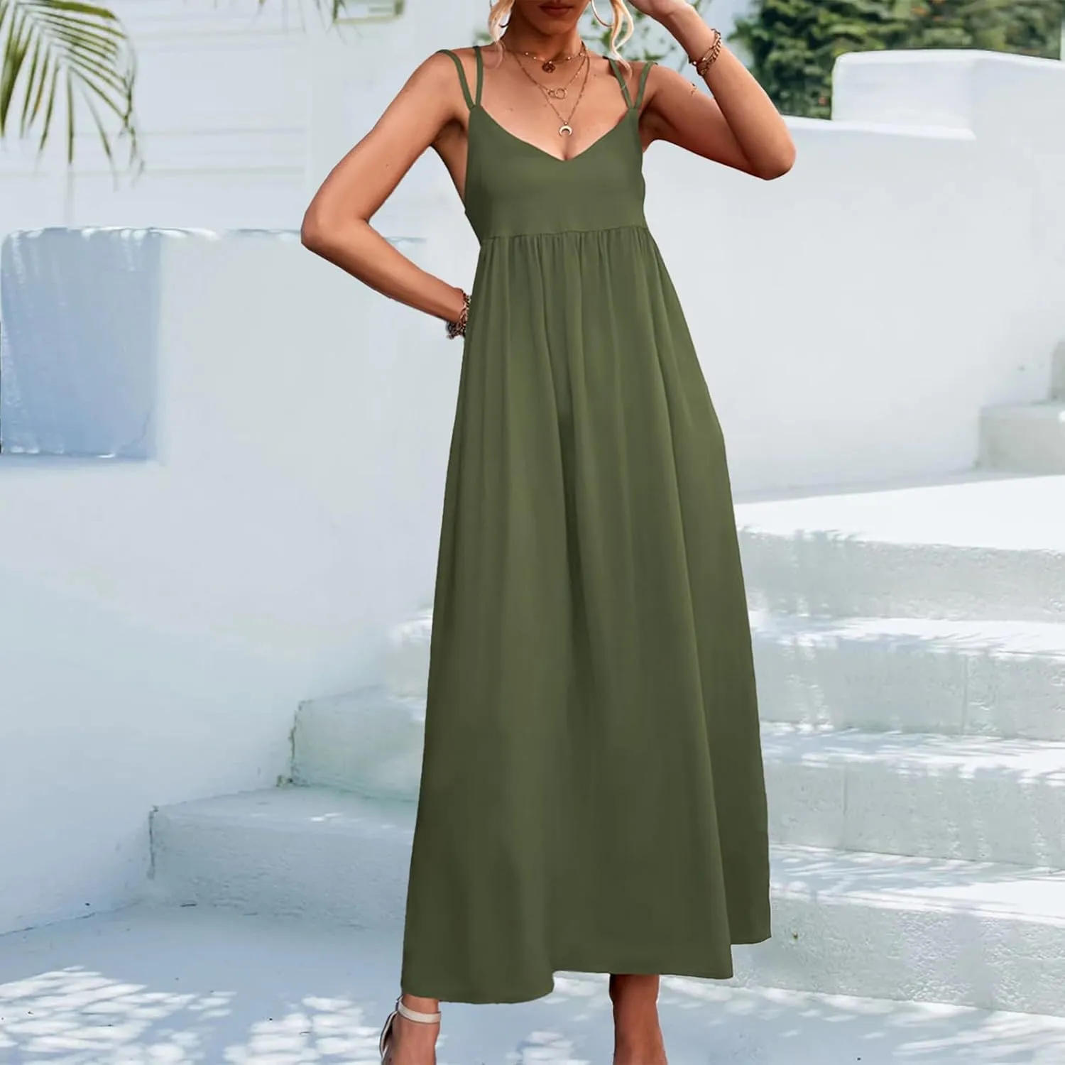 Women's Casual Sexy Solid Color Slim Tie Front Smocked Dresses with Belt Casual Boho Spaghetti Strap Beach Sundress