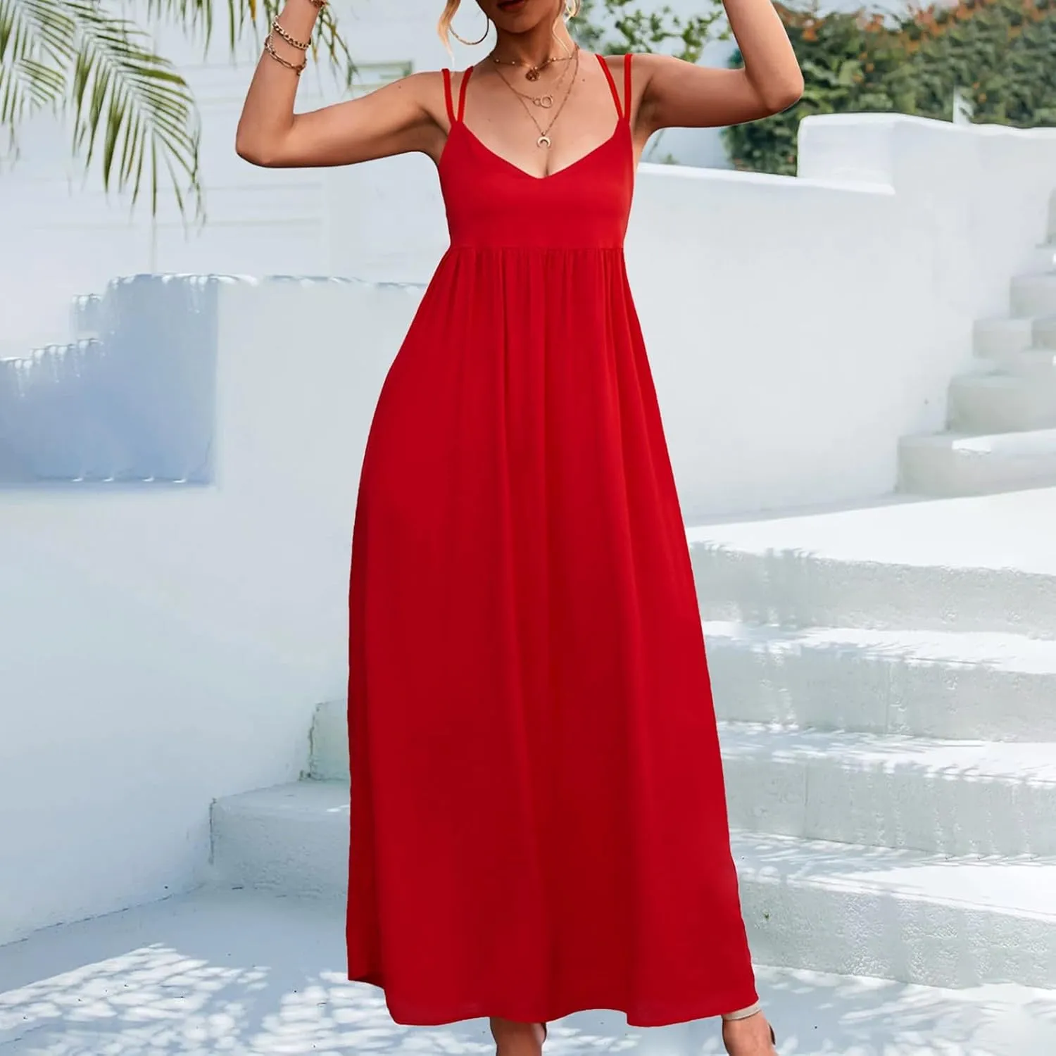 Women's Casual Sexy Solid Color Slim Tie Front Smocked Dresses with Belt Casual Boho Spaghetti Strap Beach Sundress