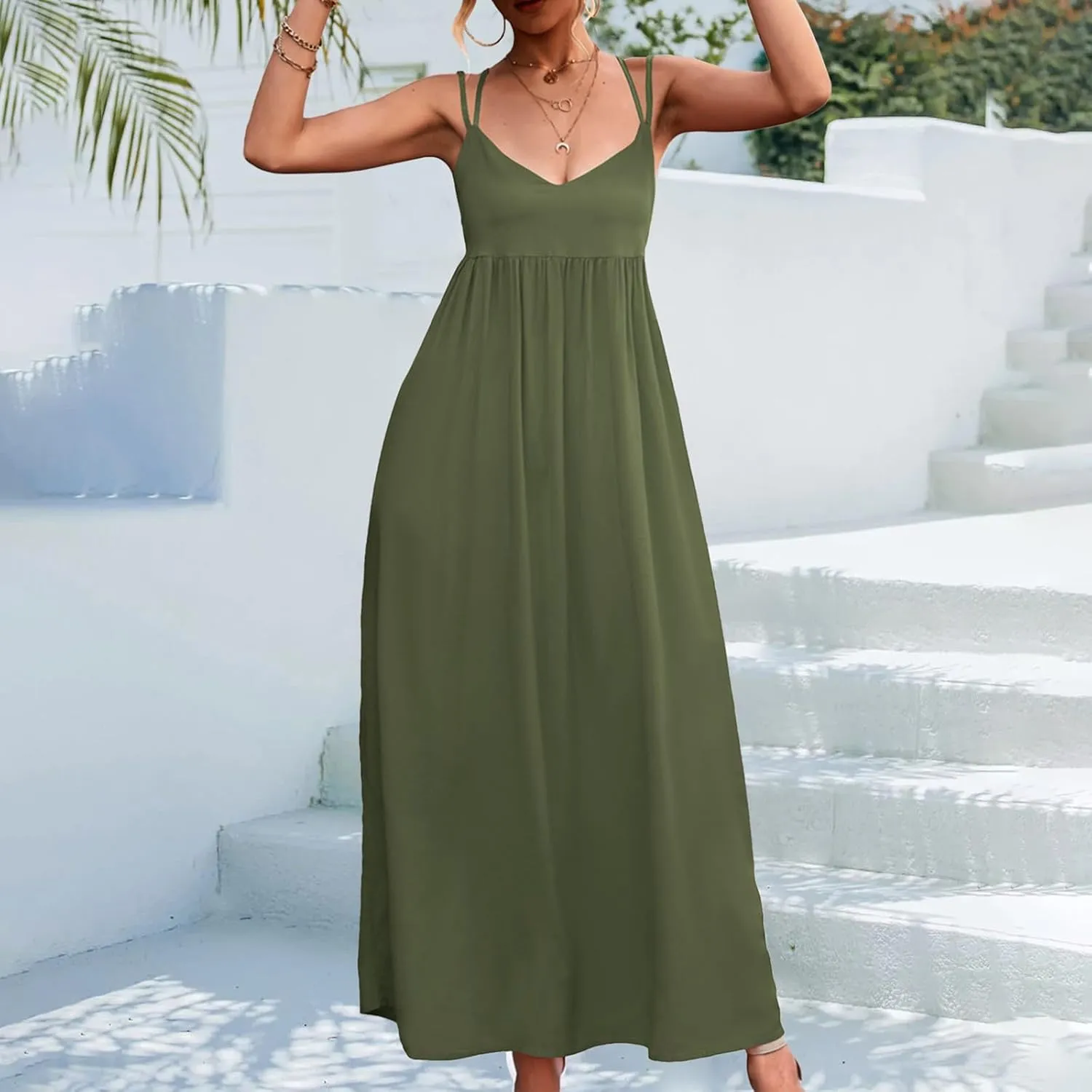 Women's Casual Sexy Solid Color Slim Tie Front Smocked Dresses with Belt Casual Boho Spaghetti Strap Beach Sundress