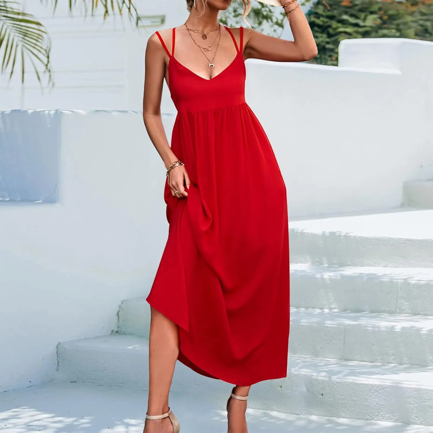 Women's Casual Sexy Solid Color Slim Tie Front Smocked Dresses with Belt Casual Boho Spaghetti Strap Beach Sundress