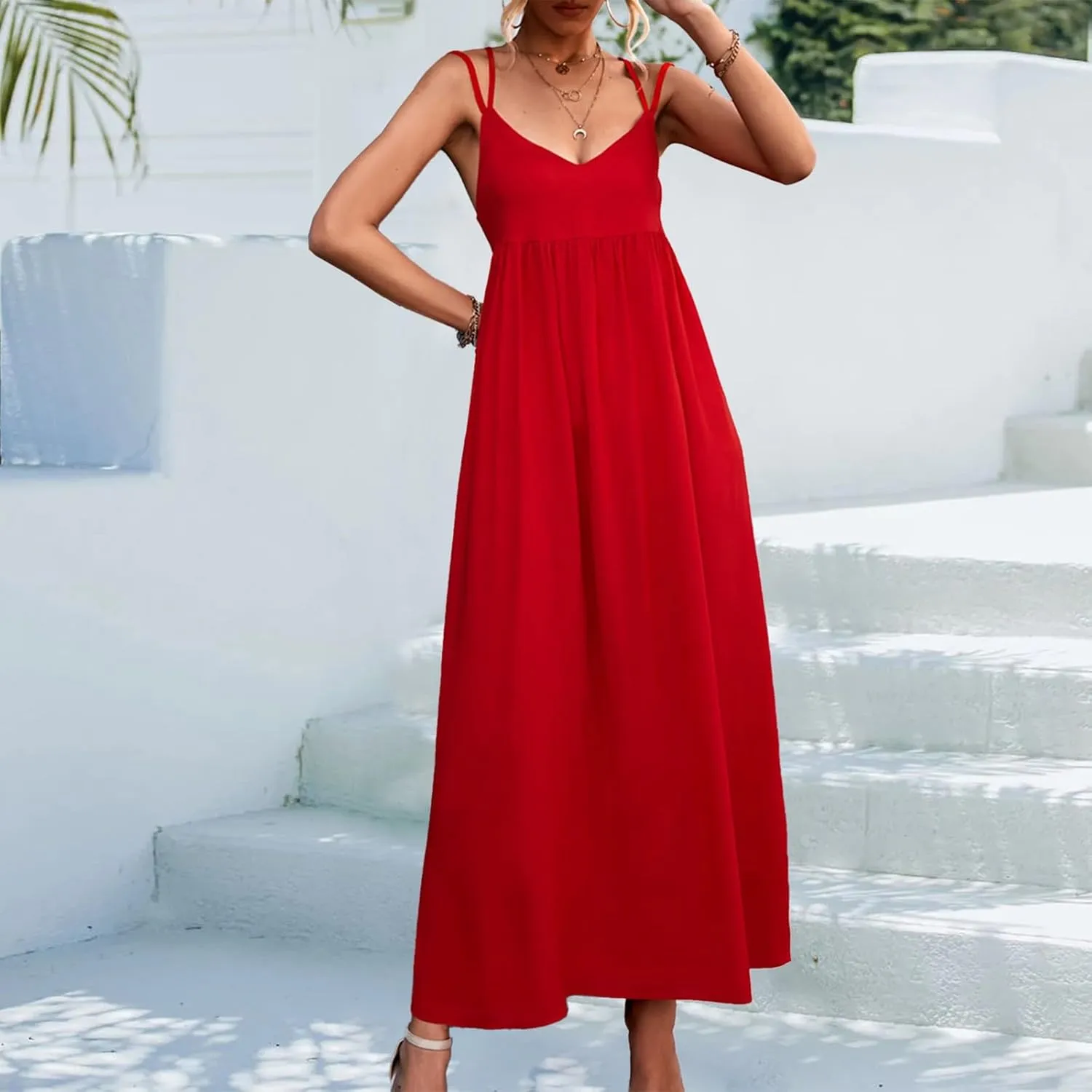 Women's Casual Sexy Solid Color Slim Tie Front Smocked Dresses with Belt Casual Boho Spaghetti Strap Beach Sundress