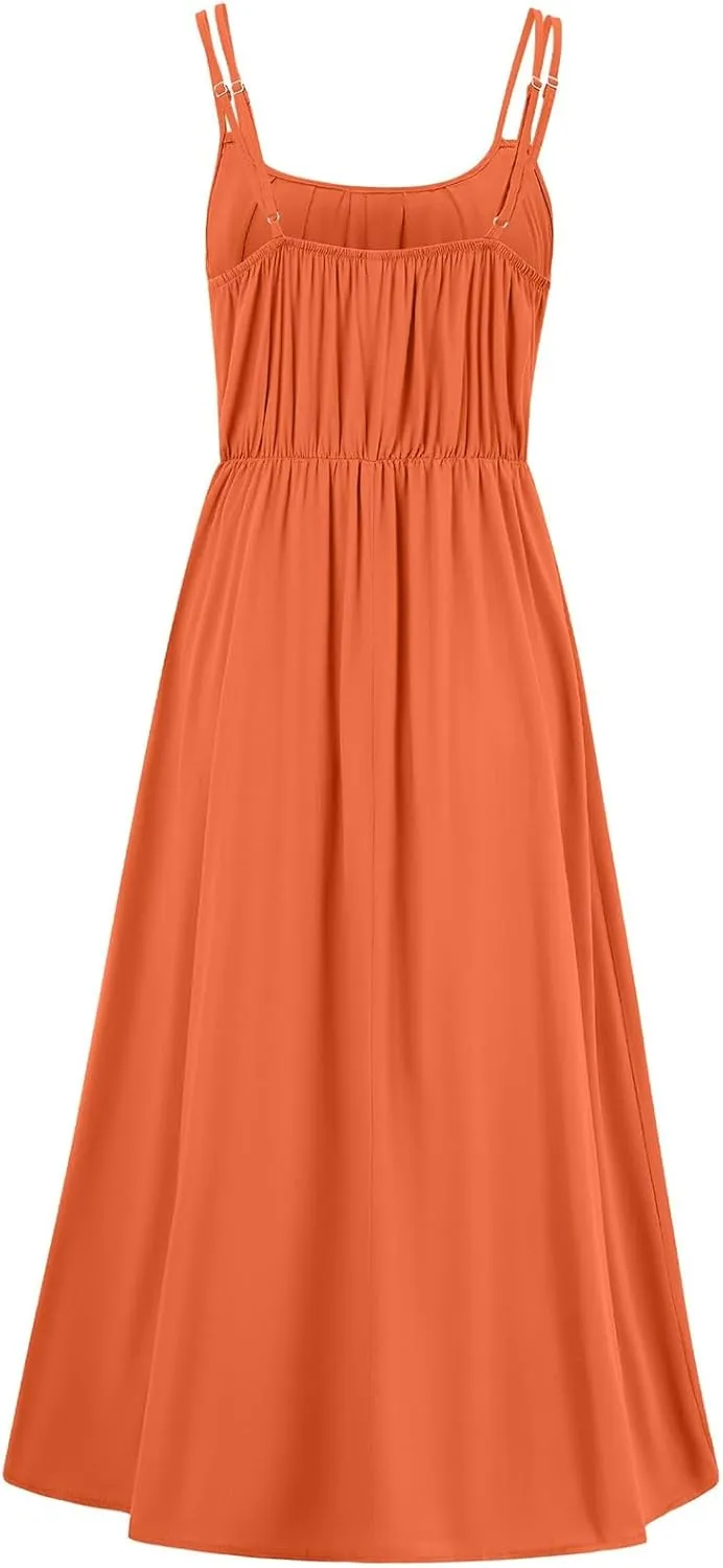 Women's Casual Sexy Solid Color Slim Tie Front Smocked Dresses with Belt Casual Boho Spaghetti Strap Beach Sundress