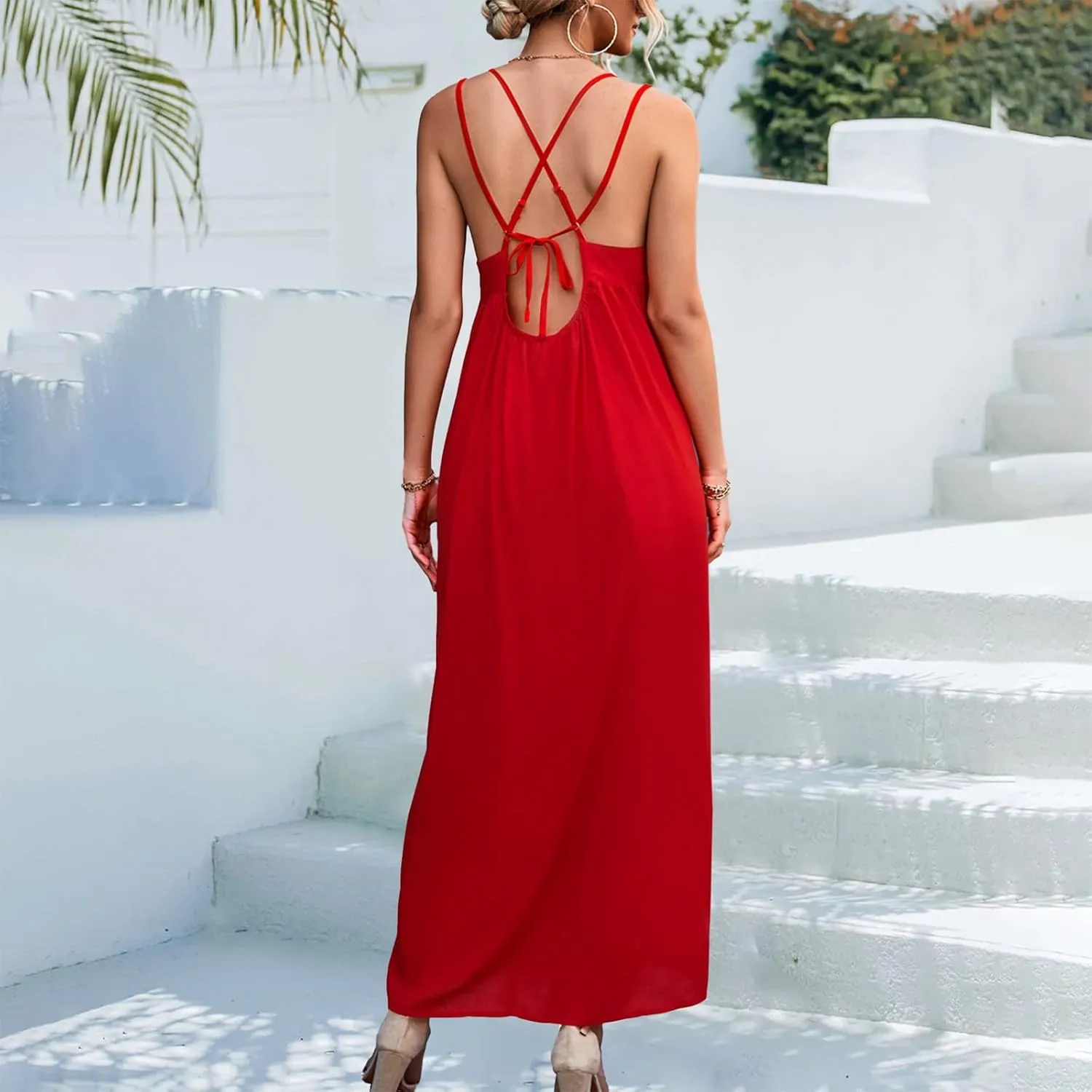 Women's Casual Sexy Solid Color Slim Tie Front Smocked Dresses with Belt Casual Boho Spaghetti Strap Beach Sundress