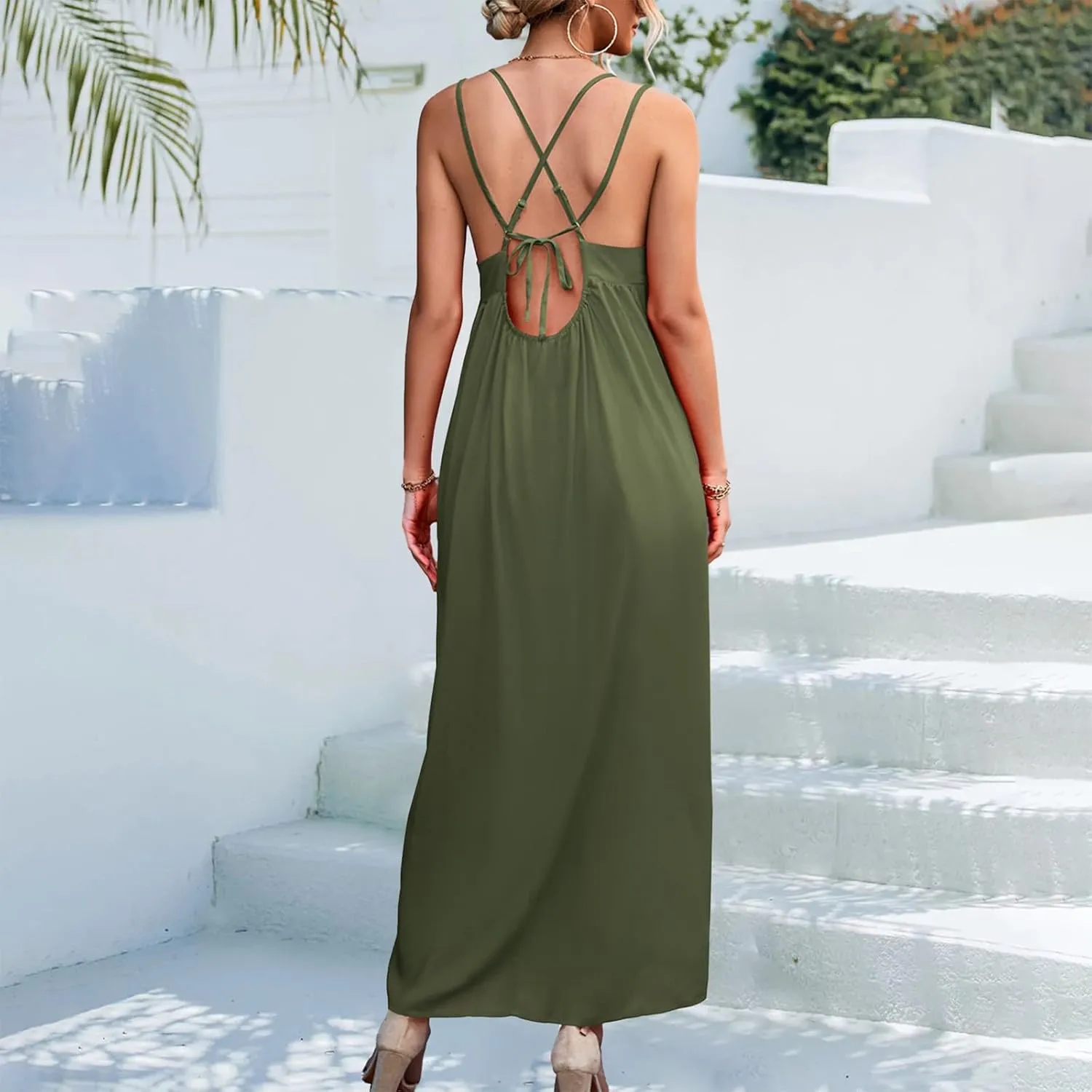 Women's Casual Sexy Solid Color Slim Tie Front Smocked Dresses with Belt Casual Boho Spaghetti Strap Beach Sundress