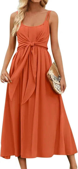 Women's Casual Sexy Solid Color Slim Tie Front Smocked Dresses with Belt Casual Boho Spaghetti Strap Beach Sundress
