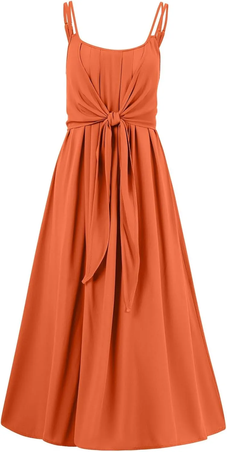 Women's Casual Sexy Solid Color Slim Tie Front Smocked Dresses with Belt Casual Boho Spaghetti Strap Beach Sundress