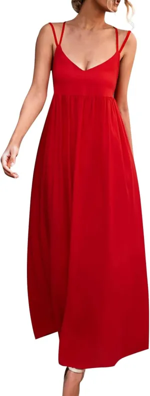 Women's Casual Sexy Solid Color Slim Tie Front Smocked Dresses with Belt Casual Boho Spaghetti Strap Beach Sundress