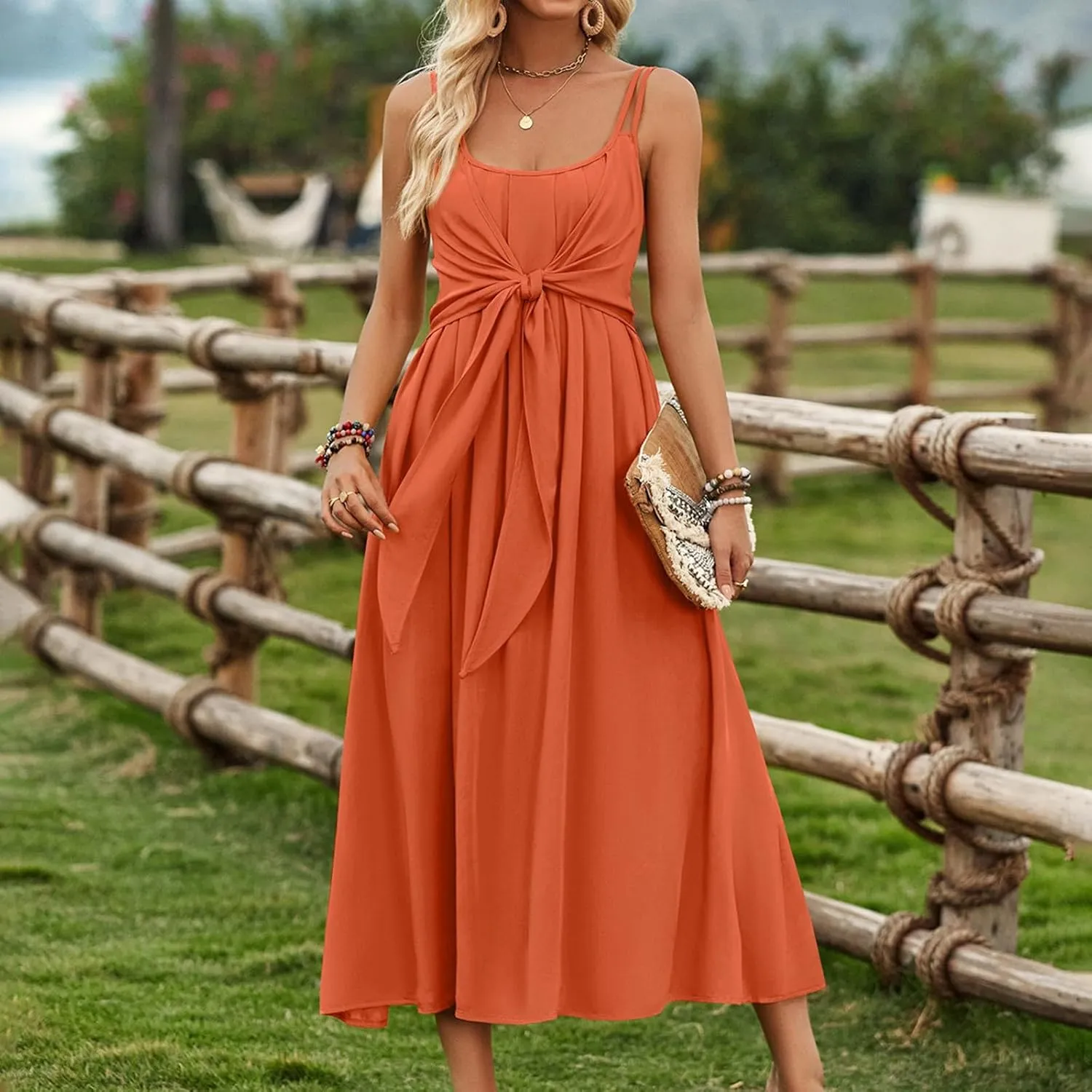 Women's Casual Sexy Solid Color Slim Tie Front Smocked Dresses with Belt Casual Boho Spaghetti Strap Beach Sundress