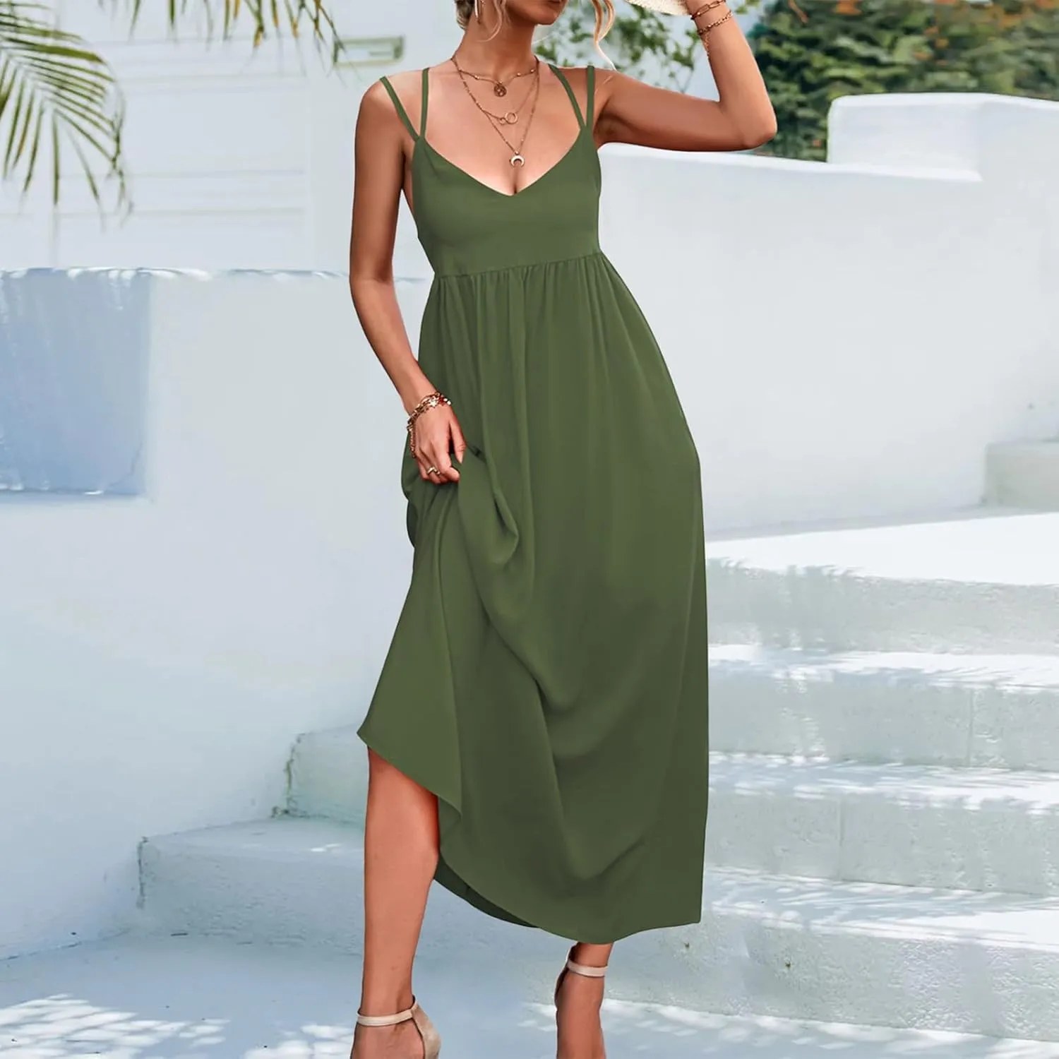 Women's Casual Sexy Solid Color Slim Tie Front Smocked Dresses with Belt Casual Boho Spaghetti Strap Beach Sundress