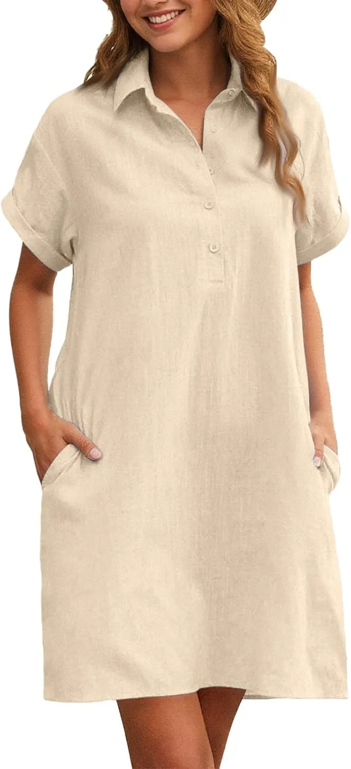 Women's Casual Short Sleeve Button Shirt Dress with Pockets Summer Casual Dresses 2025 Vacation Outfits, S-2XL
