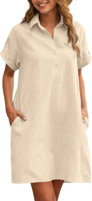 Women's Casual Short Sleeve Button Shirt Dress with Pockets Summer Casual Dresses 2025 Vacation Outfits, S-2XL